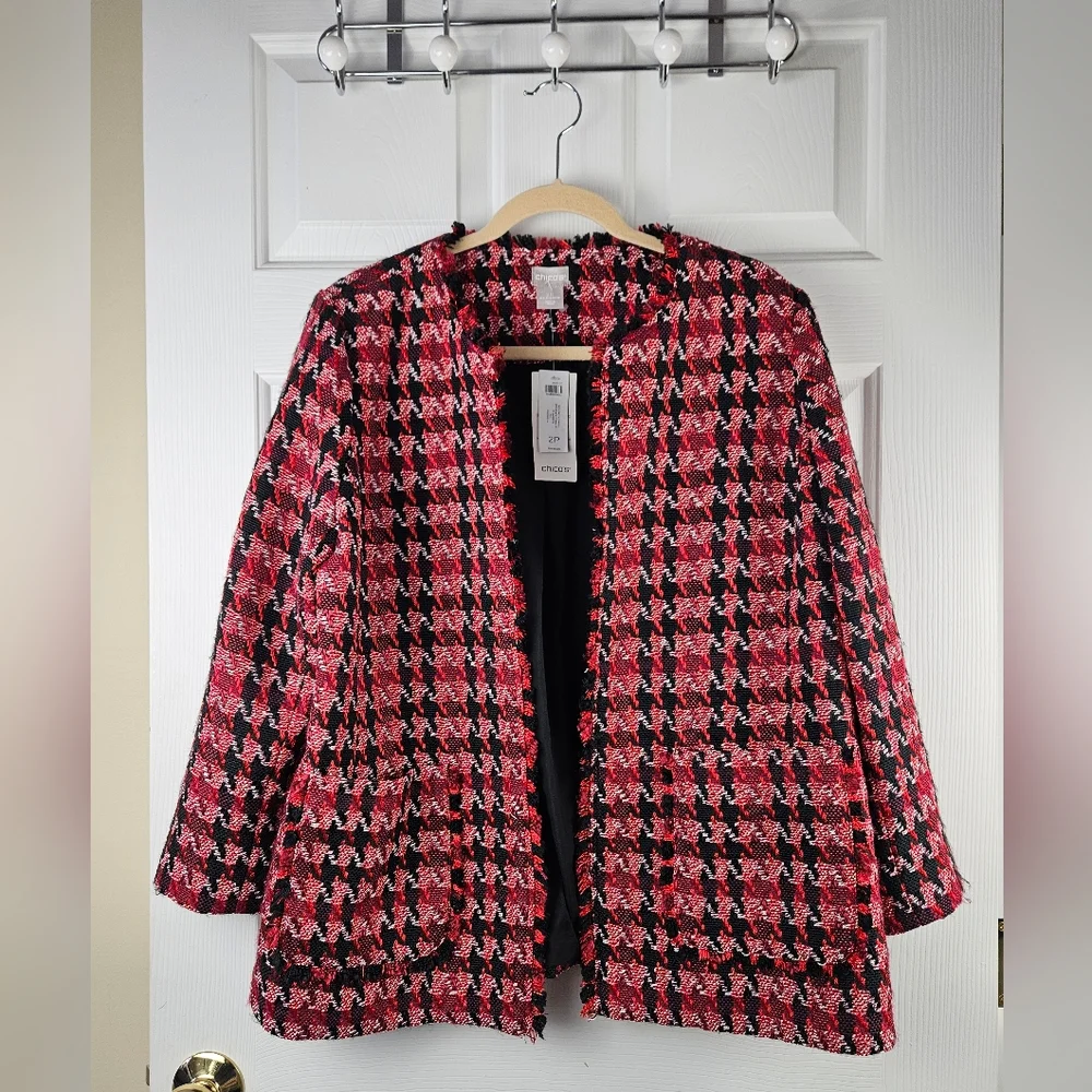NWT Chico’s Red & Black Houndstooth Tweed Blazer Jacket Size Petite Size 12